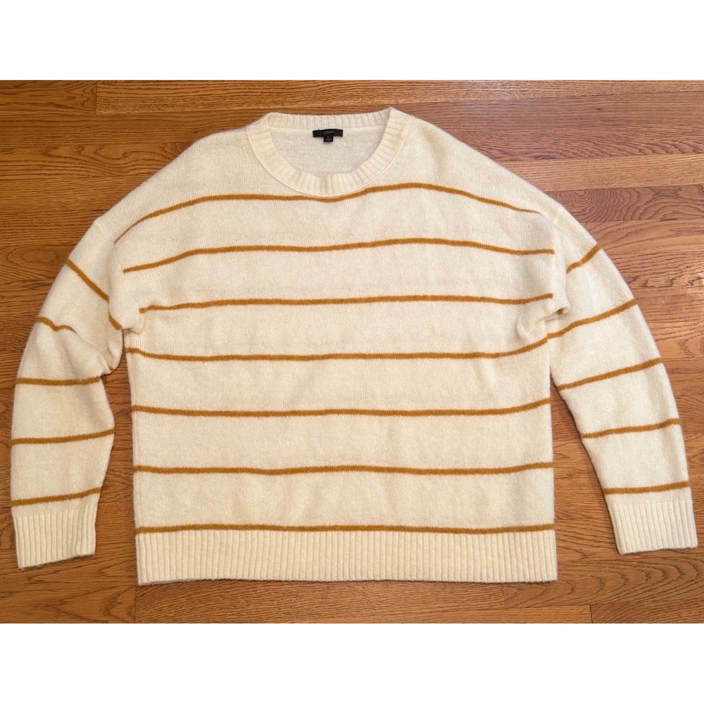 J.Crew Alpaca Merino Wool Blend Striped Crewneck Sweater Ivory Yellow Large